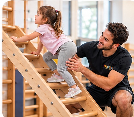 ילדה מטפסת על מתקן עץ בליווי מבוגר בפעילות תנועה של Progress